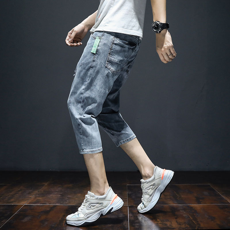 Men's Denim Shorts, Summer Thin Style, Trendy Brand, Loose Straight-Leg Capri Pants, Casual Light-Colored Ripped Mid-Length Pants, Breeches
