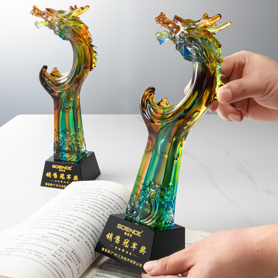 High-End Crystal Glass Trophy and Medal, New Model for the Year of the Dragon, Dragon Pillar Head, Colorful Ancient-Style Bank Insurance High-End Trophy