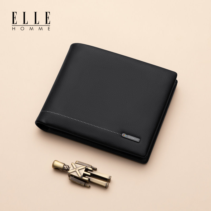 ELLE men's wallet men's leather money clip 2023 new cow leather wallet high-end card bag birthday present-Taobao