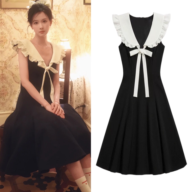 Chen Duling's Same Style Black Peter Pan Collar Hepburn-Style A-Line Midi Dress, Very Pretty French Retro Waist-Cinching Dress
