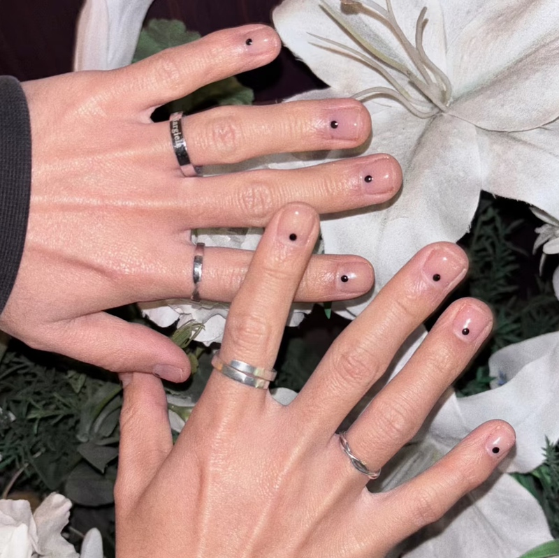 Neutral Style Nude Color with Black Dots Wearable Nails, Short Minimalist Cool Style Unisex Handmade Nail Art Finished Nail Patches