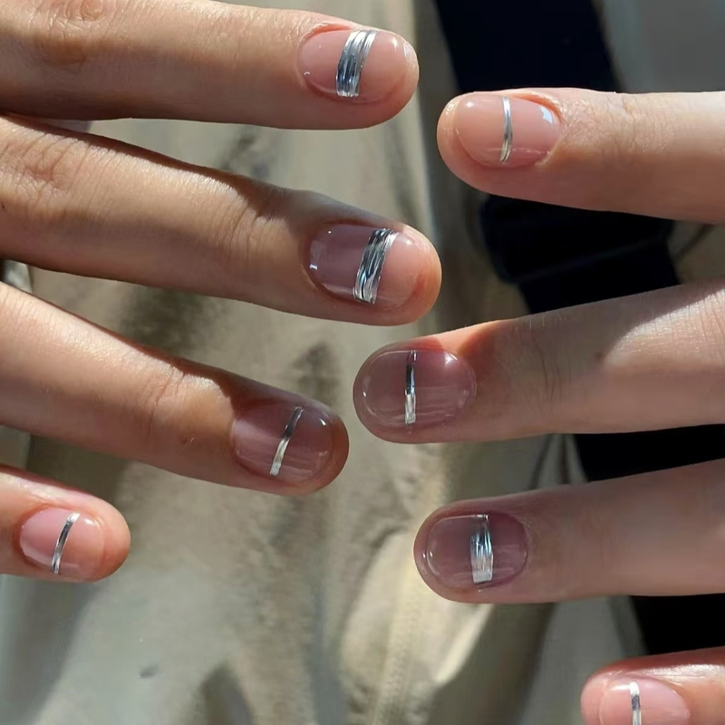 Men's Nail Art Liquid Metallic Silver Hand-Painted Lines Wearable Nail Art Simple Geometric ins Style Nail Stickers