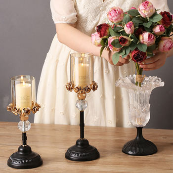 Light Luxury Ornaments, Antique-Style Metal Crystal Glass Rose Candle Holder, Tall European-Style Dining Table, Home Decoration Ornaments