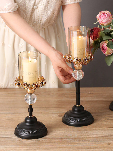 Light Luxury Ornaments, Antique-Style Metal Crystal Glass Rose Candle Holder, Tall European-Style Dining Table, Home Decoration Ornaments