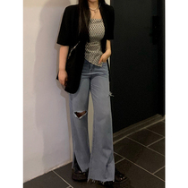Kurosae Xuan Qi micro fat mm2021 summer New loose size straight wide leg pants broken hole thin jeans women
