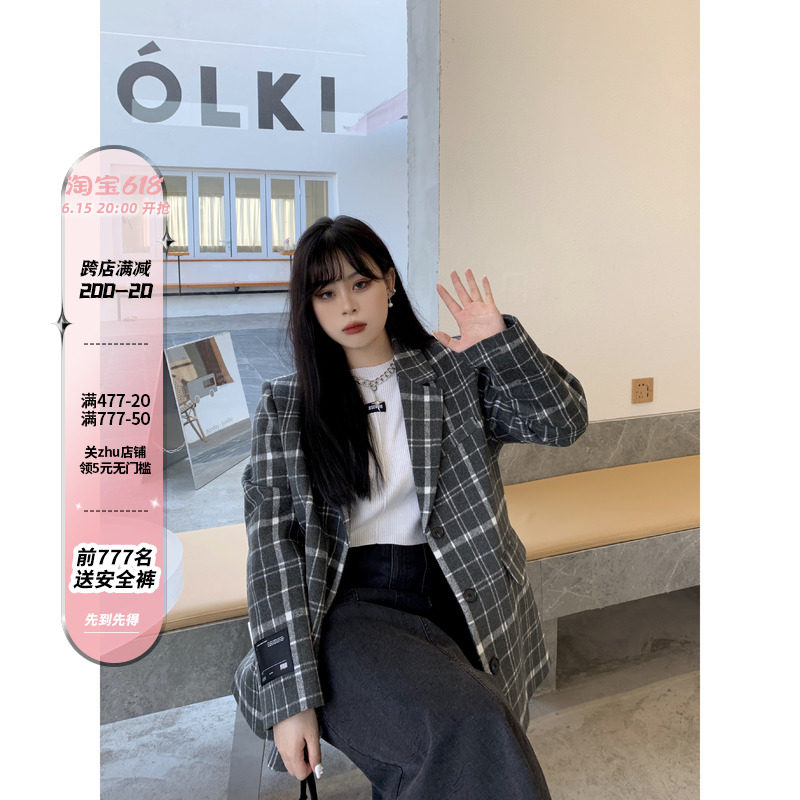 Kurosaxuan Seven Micro Fat mm2020 Autumn Winter New Korean Version Loose size Size Plaid Retro Fur Suits Jacket Woman