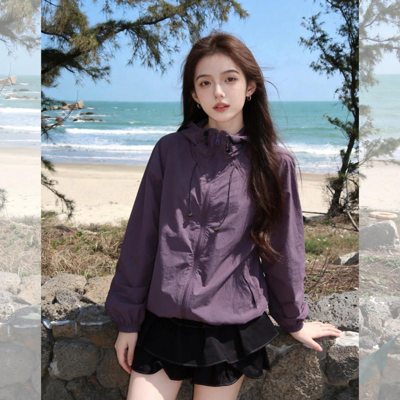 Korean Style Purple Casual Thin Sun Protection Hooded Short Jacket for Women Summer Outdoor Breathable Sports Style Top