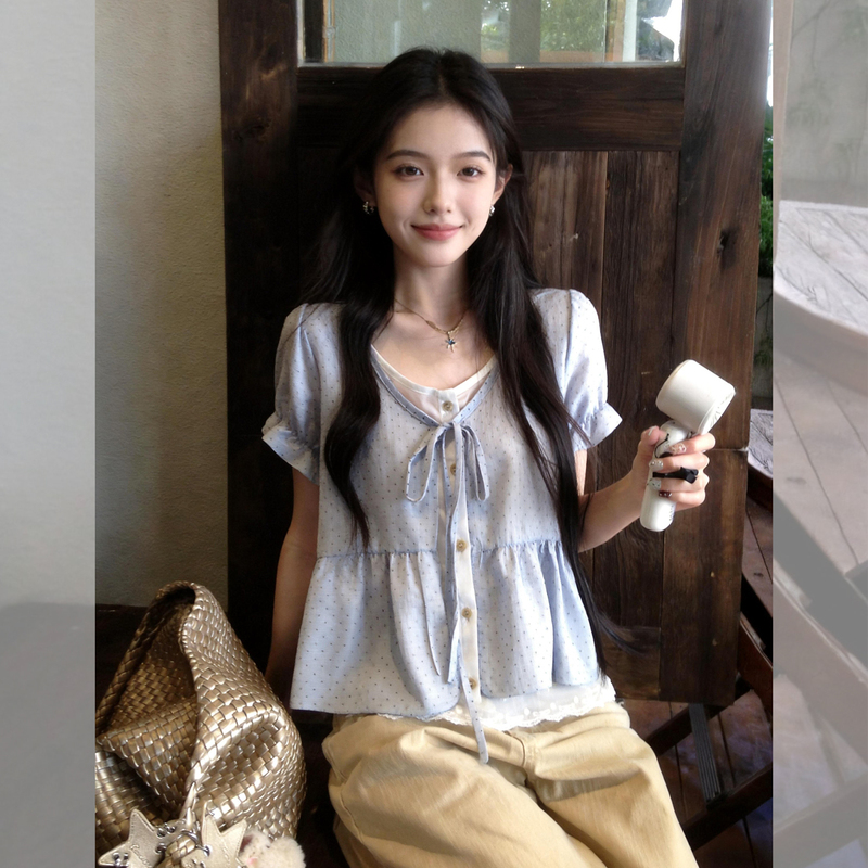 French-Style Chic Blue Patchwork Lace-Up Shirt for Women, 2026 Summer Unique and Beautiful Blouse with Puff Sleeves