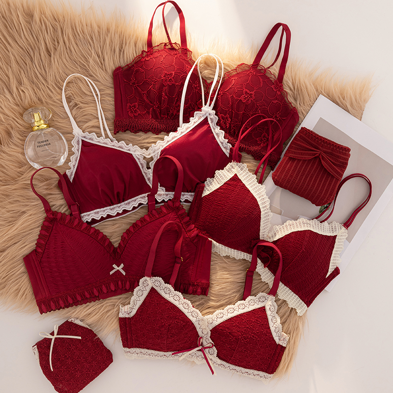 New Year's Red Zodiac Year Hot-Selling Lace Lingerie Set for Women with Small Bust, Push-Up, Wireless, Wedding Bride Bra New Year's Red Zodiac Year Hot-Selling Lace Lingerie Set for Women with Small Bust, Push-Up, Wireless, Wedding Bride Bra