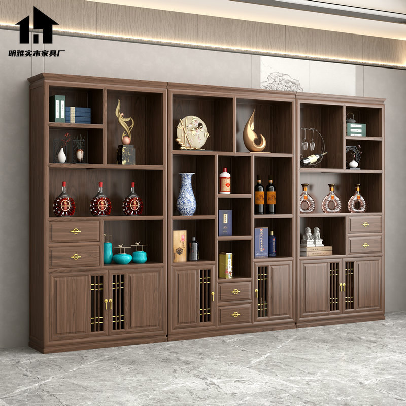 New Chinese-Style Solid Wood Display Cabinet in Black Walnut for Bookshelf, Tea Room, or Office, Made of Ash Wood New Chinese-Style Solid Wood Display Cabinet in Black Walnut for Bookshelf, Tea Room, or Office, Made of Ash Wood