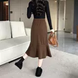 Черная цветная осенняя приталенная шерстяная юбка, с акцентом на бедрах, рыбий хвост, подходит для подростков, высокая талия, средней длины, А-силуэт