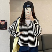 Chic Striped Hooded Zipper Cardigan Sweater Jacket Womens Spring and Autumn 2023 New Short Outerwear Top for Small People