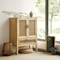  American solid wood bucket cabinet Modern simple foyer cabinet Japanese entrance cabinet shoe cabinet integrated rattan storage cabinet ins wind