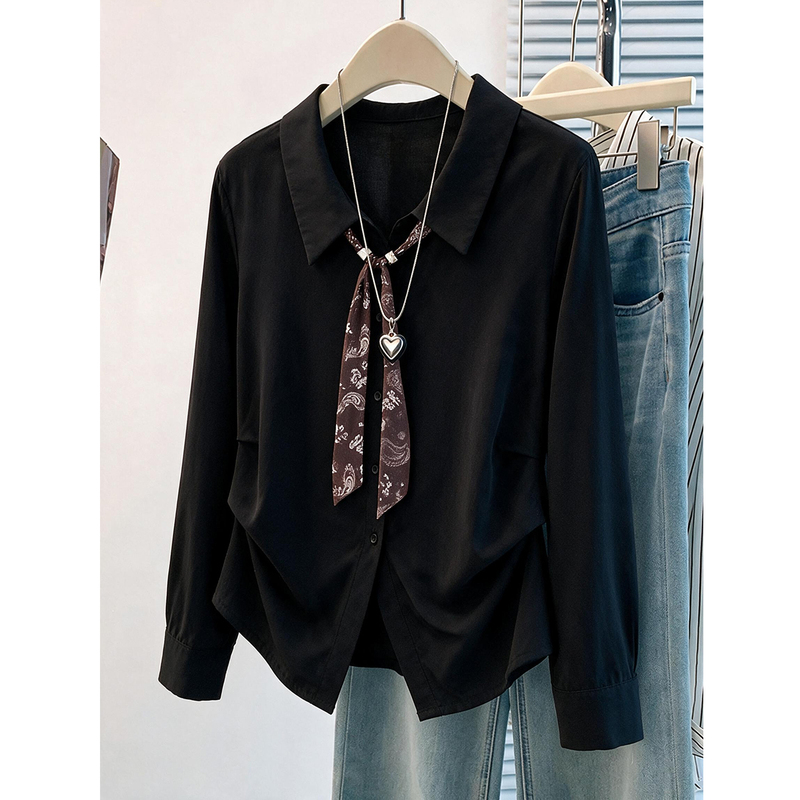 Designed Tie-Neck Silk Scarf Black Long-Sleeve Shirt for Women 2026 Autumn Plus Size Fat mm Super Pretty Waist-Cinching Slimming Top Designed Tie-Neck Silk Scarf Black Long-Sleeve Shirt for Women 2026 Autumn Plus Size Fat mm Super Pretty Waist-Cinching Slimming Top