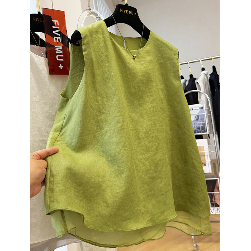 High-End Green Cotton and Linen Sleeveless Shirt for Women, Summer Thin Style, 2026 New Model, Very Beautiful Linen Camisole Top