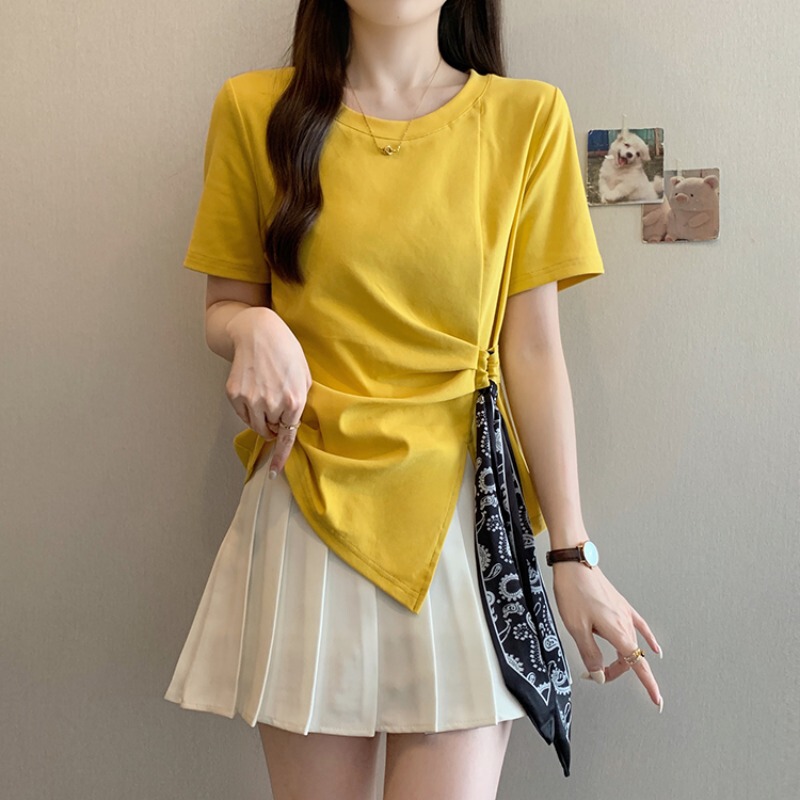 Irregular Design Silk Scarf Waist-Cinching Short-Sleeve T-Shirt for Women 2026 Summer Plus Size Unique and Beautiful Blouse Top Irregular Design Silk Scarf Waist-Cinching Short-Sleeve T-Shirt for Women 2026 Summer Plus Size Unique and Beautiful Blouse Top