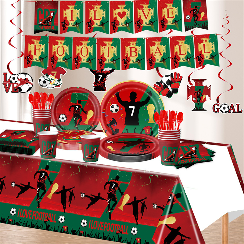 Football C Ronaldo Themed Birthday Party Decoration Tableware C Ronaldo Paper Plates Paper Cups Paper Napkins Tablecloth Knife Fork Spoon Banner Balloons