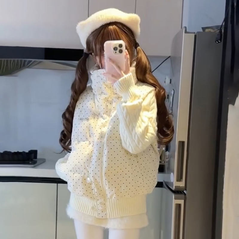 Polka Dot Knitted Patchwork down Jacket for Women, Winter 2026 New Korean Style Short Corduroy Jacket, Very Beautiful
