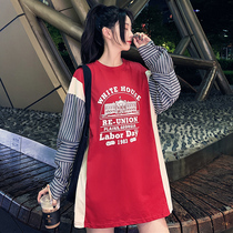 Fake two women blouses Long sleeves T-shirts Splicing Stripe Clothes 2020 New Autumn Clothing Easy for Han Edition Students Spring and Autumn