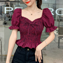 Waist plaid shirt womens short little one navel collarbone collar French retro bubble sleeve shirt short sleeve summer