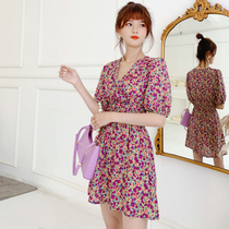Purple za floral dress V neck summer waist thin temperament French Platycodon grandiflorum skirt new summer 2020