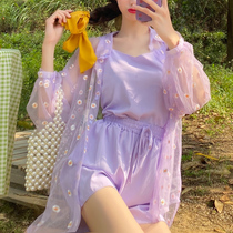 Xianqi chiffon shirt set two-piece summer harbor style retro chic three-piece female summer Yang style fashion wide leg pants
