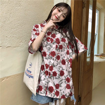 Red little flower shirt female design sense small public Fuguang flavor summer thin shirt 2021 new womens shirt