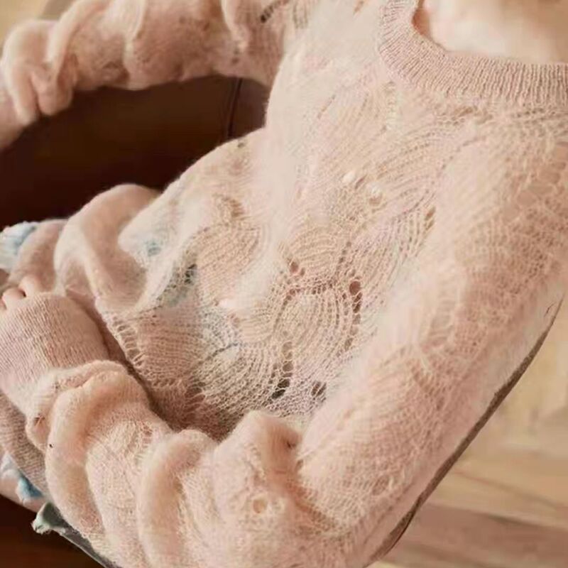 Mohair Sweater for Women, New Autumn and Winter Style, Green Korean Version, Loose and Fashionable, Lazy Style, See-Through Hollow-Out Thin Knitwear