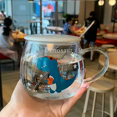 Glass teacup transparent cute girl heart home breakfast cup with lid Milk Cup creative personality trend big belly