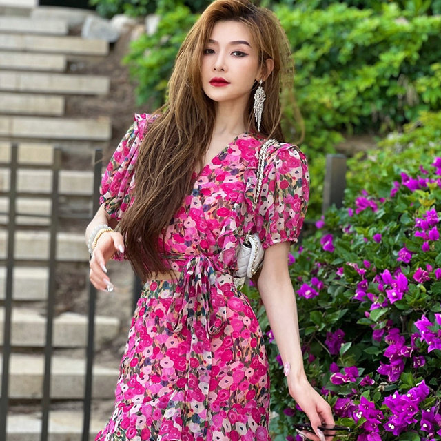 2022 summer new French high-end sense gentle wind waist temperament chiffon floral dress two-piece suit women