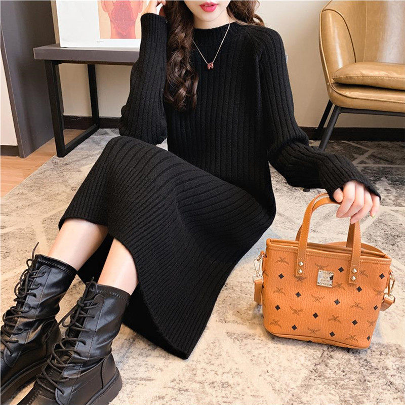Autumn and winter large size women's clothing 2022 new French girls cover belly and show thin dress knitted sweater with long skirt
