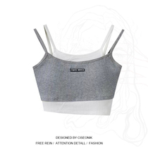 Large size womens fat sister Korean version of fake two vest womens summer design feel wear short sling beauty back top