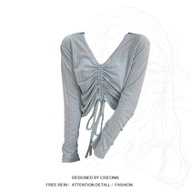 Big code woman with fat sister Korean wind chic retro sweet and beautiful V neckline 100 lapped pleated long sleeve T-shirt knitted sweatshirt