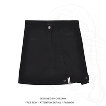 Large size womens fat sister denim skirt irregular high waist skirt womens 2021 summer black A- line dress