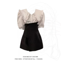 Big Code Women Dress Fat Sister Cream Sweet Drum Suit Woman Summer Turnover Wood Ear shirt High waist Slim Skirt Pants Woman