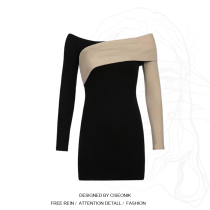 Big Code Women Dress Fat Sister European and American Wind Coloured splicing Shoulders Sexy Dew Collarbone Dress Hot girl Hip Short Skirt