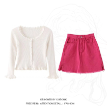 Big Code Fat Mm Hot Girl Suit Woman Spring Summer New Lace Side Knitted Blouse Jeans Short Dress Two Sets of Ins Chains