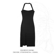 Big Code Woman Dress Fat Sister Black Hanging Neck Dress 2021 Summer Sexy Dew Back Open Fork Lift With Skirt Small Black Dress