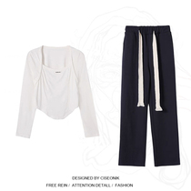 Big Code Woman Dress Fat Sister Pure Desire Wind short Irregular Blouse T-shirt Tshirt Draw Rope 100 Lap Straight Sleeve Broadleg Pants Suit