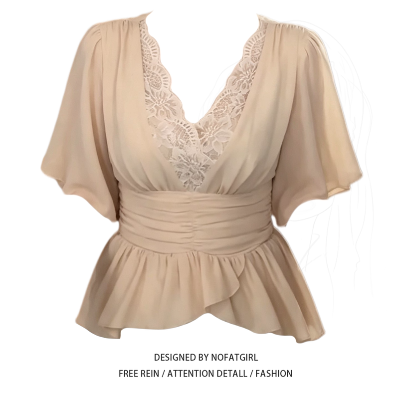 Plus-Size Fat Girl's Pure and Alluring V-Neck Lace Patchwork Waist-Cinching Top for Women, Unique and Beautiful Blouse for Summer 2026