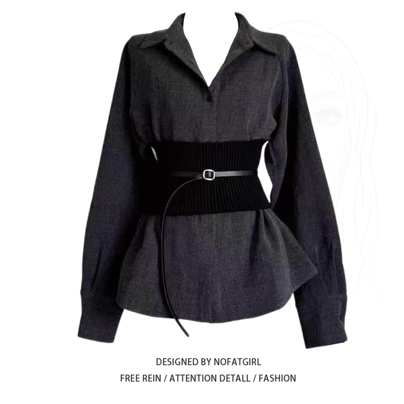 Plus-Size French-Style Gray Long-Sleeve Shirt for Women, Autumn 2025 New Style, Waist-Cinching, Slimming, High-End, Elegant Top