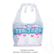 Large size fat sister spring summer new sweet cool hot girl little love wooden ear lace hanging neck letter printing small vest woman