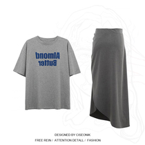 Big Code Woman Dress Fat Sister Harbor Taste Printed Loose Short Sleeve T-Shirt Irregular Open Fork Mid-Body Skirt Suit