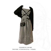 Large size fat MM plaid dress women 2022 spring new suspender skirt waist slimming black waistcoat two-piece trendy