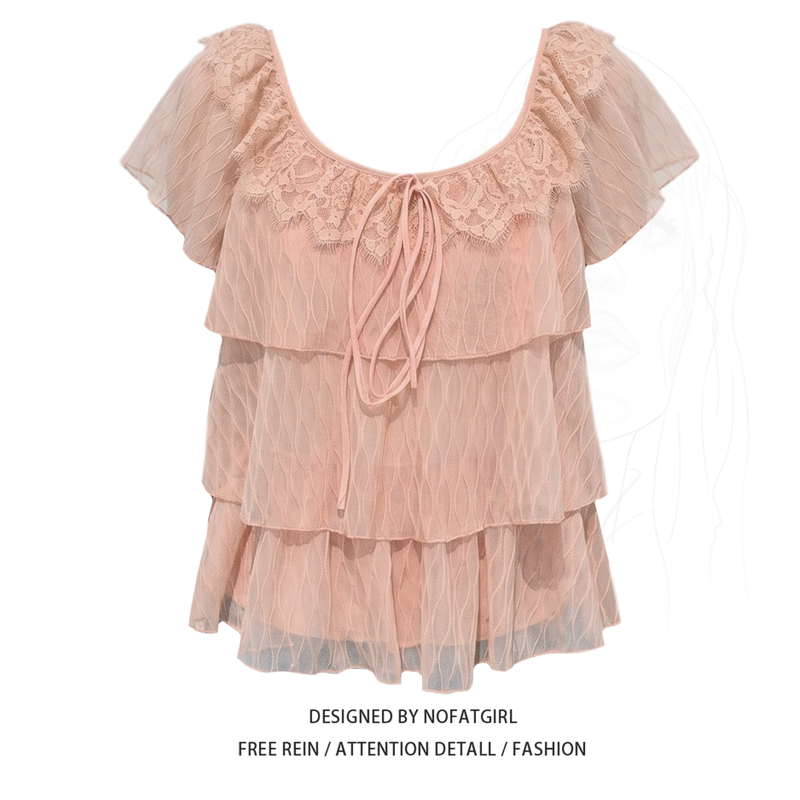 Plus-Size Sweet Style Puff Sleeve Ruffle Shirt for Women, Summer Pink, Unique, Beautiful, Super Pretty, Age-Reducing Top Plus-Size Sweet Style Puff Sleeve Ruffle Shirt for Women, Summer Pink, Unique, Beautiful, Super Pretty, Age-Reducing Top