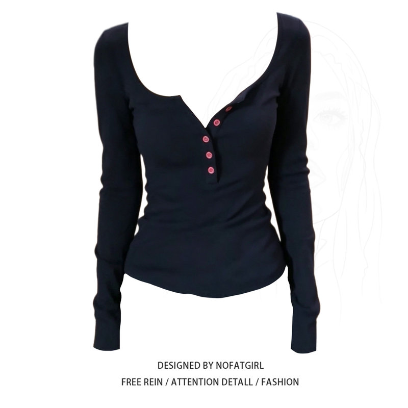 Plus-Size Korean-Style Casual U-Neck Long-Sleeve T-Shirt for Women, Autumn Slim-Fit Button-Up Base Shirt, Beautiful Top