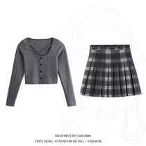 Big Code Women Dress Fat Sister Han Ensemble College Wind Sweetness Girl Cross Long Sleeve T-shirt Plaid 100 Pleated Short Skirt Suit