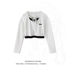 Big code woman with fat sister pure desire sweet and spicy wind lace splicing fake two-piece T-shirt female short and hot girl long sleeve blouse