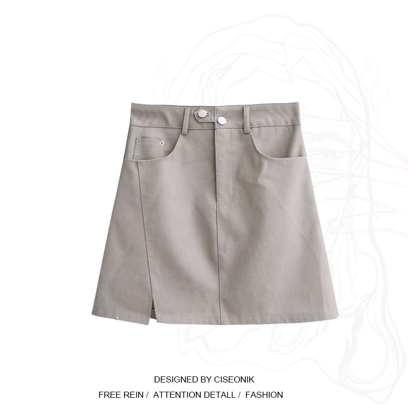 Large size female dress Fat sister Han version High waist display slim A character half body dress woman Early autumn temperament Short skirt open fork leather wave