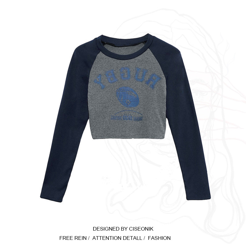 Large size female dress Fat younger sister American retro short length Long sleeves T-shirt woman Early autumn high waist dew Umbilical Cord